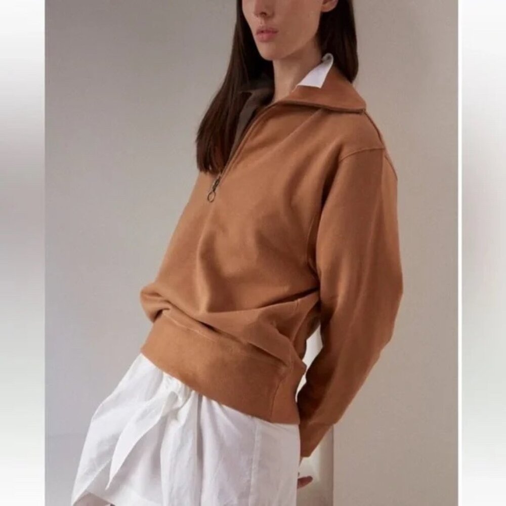 NWT |THAKOON 100% Cotton Ribbed Collar Terry Lined Quarter Zip Pullover Camel XS - Picture 2 of 7